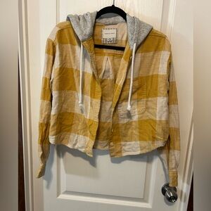 American Eagle Outfitters Yellow Plaid Flannel Crop with Hood - Size Small EUC